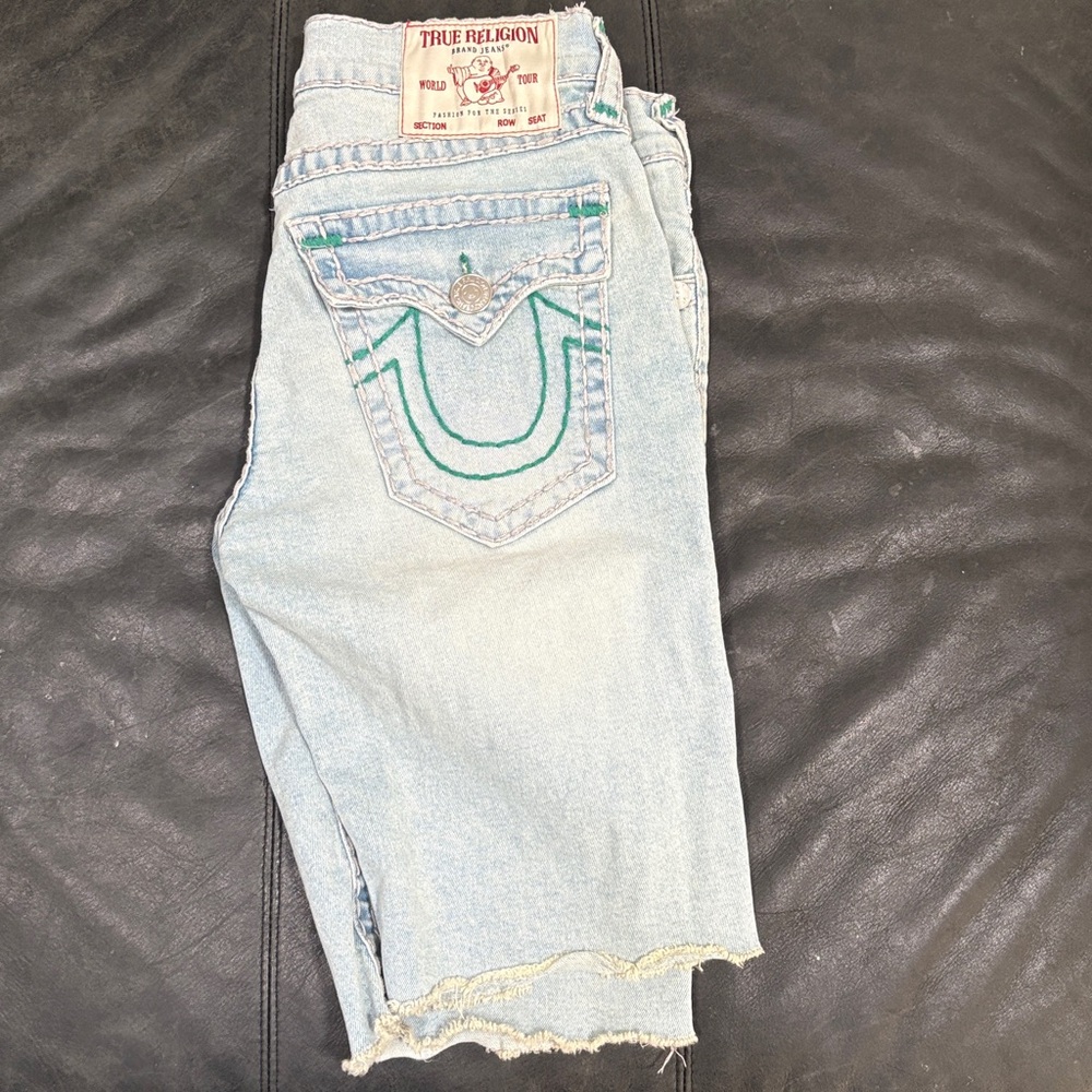 True Religion Light Wash Denim Shorts with Green Accents